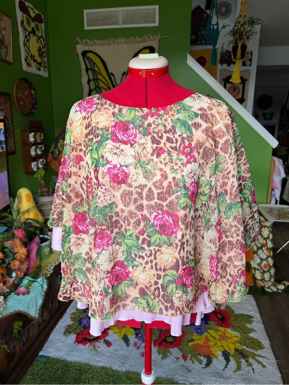 Floral Leopard Print Dolman Sleeve Top - Pink & Green